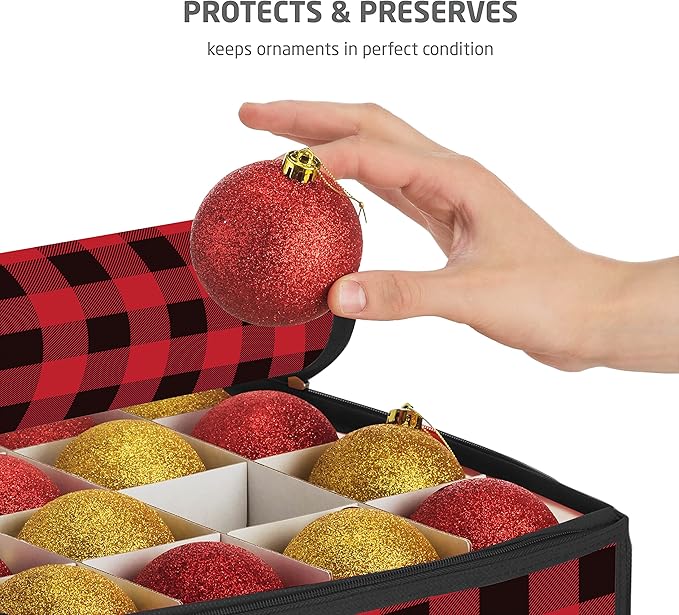 ZOBER Christmas Ornament Storage Box Plastic - Stores 128 3" Ornaments with Individual Trays - Ornament Organizer Storage Box, Durable Christmas Containers Holder - Plaid