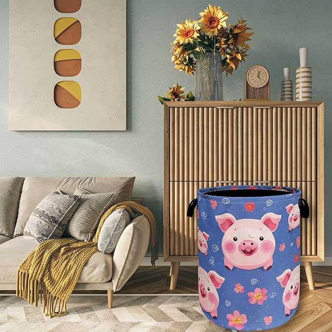 Cute Pig Laundry Hamper Foldable With Handles Colorful Animal Tote Bag Universal Oxford Cloth Funny Laundry Basket Clothes Toy Storage Bucket 18.9" x 16.5 "For Bathroom/Laundry/Bedroom