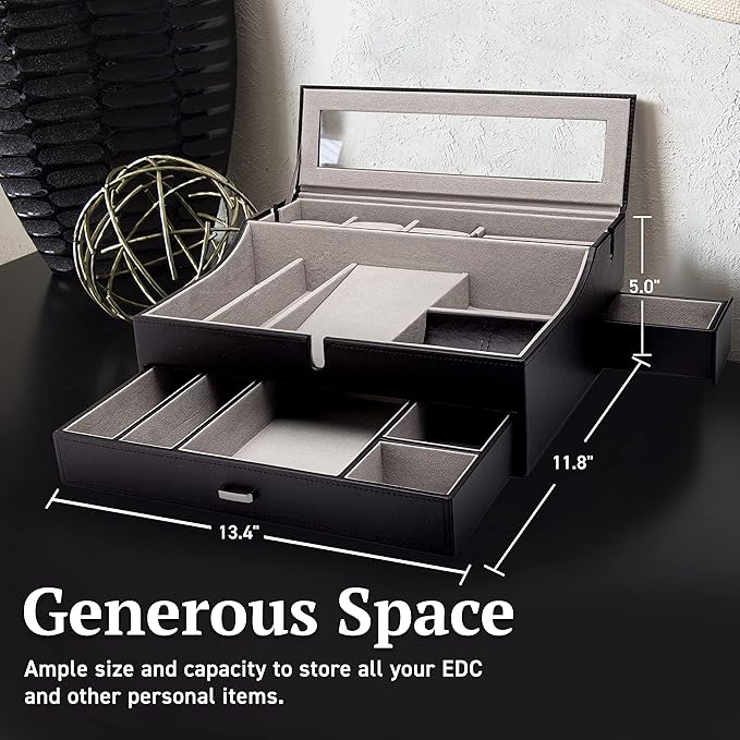 Mens Valet Box Organizer, Large Leather Valet Tray for Men, Mens Valet Tray Organizer with Charging Station, Mens Jewelry Box Organizer for EDC Valet Mens Accessories, Nightstand Bedside Dresser Top