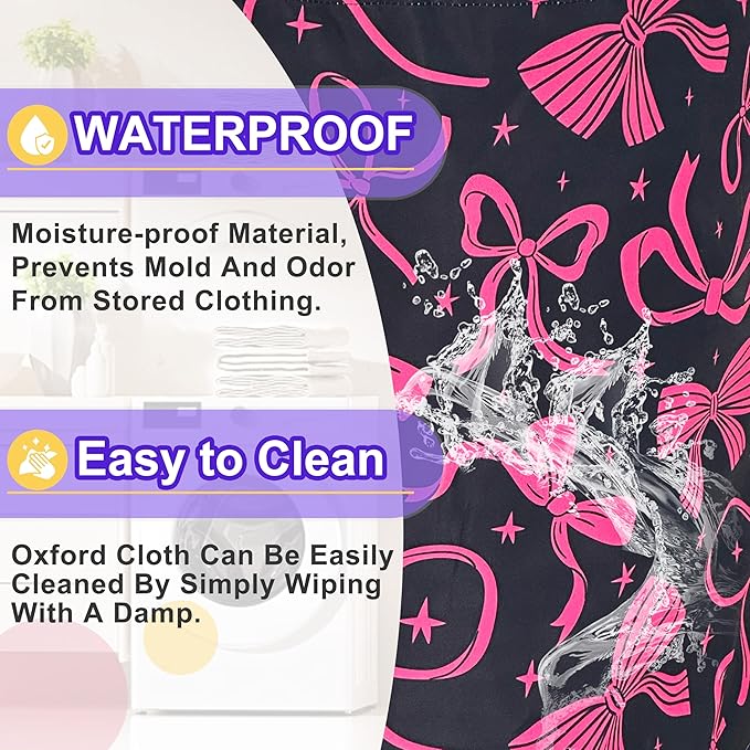 Bow Laundry Basket Oxford Cloth Pink Bowknot Laundry Hamper Funny With Handle Foldable Portable Clothes Storage Basket 18.9 X 16.5 In Storage Bag For Laundry Room/Bathroom/Bedroom/Dormitories