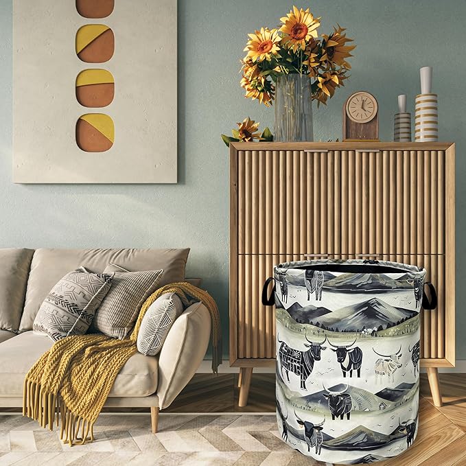 Retro Highland Cattle Laundry Basket With Handles Oxford Cloth Tote Bag Colorful Laundry Hamper 18.9"x16.5 "Foldable Clothes Storage Bucket Organizer For Bathroom/Laundry/Bedroom