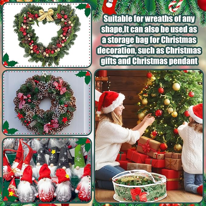 Shappy 1 Piece Clear Christmas Wreath Storage Container 24 Inches Xmas Wreath Storage Bag Plastic Christmas Garland Container with Dual Zippers and Reinforced Handles for Xmas Seasonal (Clear)