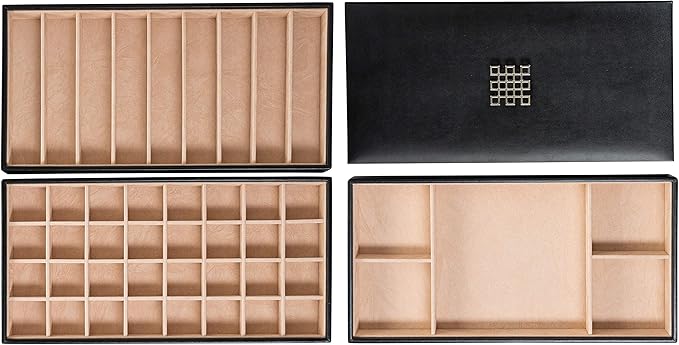 Glenor Co Jewelry Tray Organizer - 3 Large Stackable Trays & Lid - 46 Slot Storage for Drawer, Dresser - Black