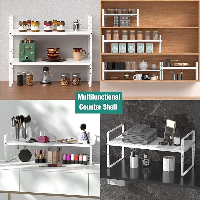 Expandable Cabinet Shelf Organizer Rack, Stackable Kitchen Counter Storage Shelves Stand, Adjustable Height Pantry Shelf Spice Rack, Heavy Duty Nonslip White Large 1Pack