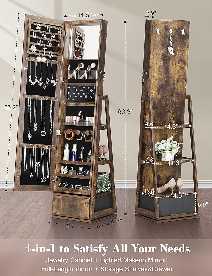 Nicetree 360° Swivel Jewelry Cabinet with Lights, Touch Screen Vanity Mirror, Rotatable Full Length Mirror with Jewelry Storage, Standing Jewelry Armoire Organizer, Christmas Gifts, Rustic Brown