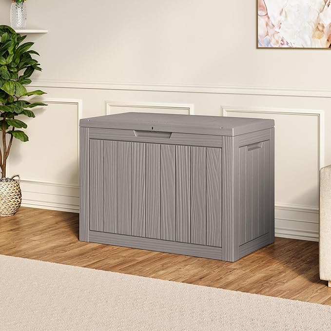 45 Gallon Outdoor Storage Box, Resin Deck Boxes Outdoor Waterproof For Patio Furniture, Garden Tools, Pool Supplies, Lockable And UV Resistant (Striped Gray)