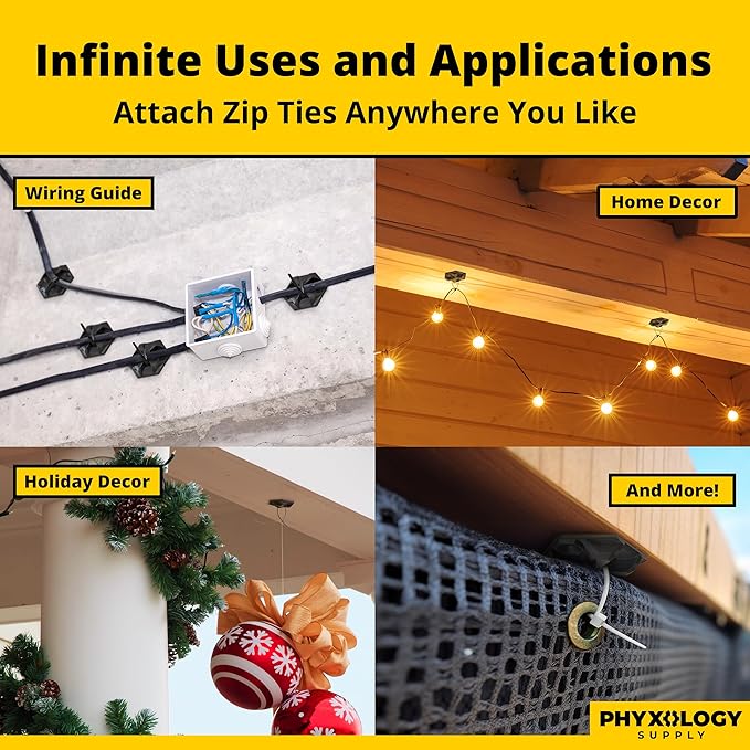 Rugged, Stylish Adhesive XL Zip Tie Mounts 100 Pack. Premium 1.5in Sticky Back Ziptie, Cord, and Cable Management Anchor Clips. Easy Peel and Stick Mounting Bases With Hanging Organizer Box Dispenser