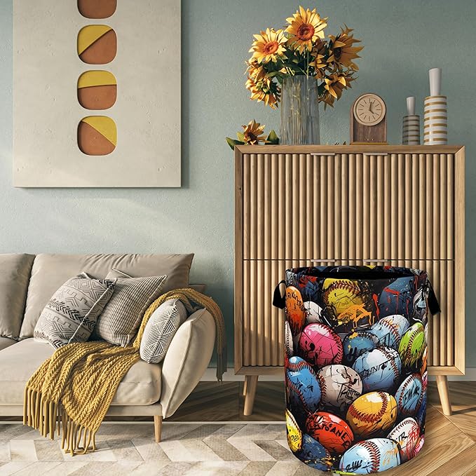 Colorful Baseball Laundry Hamper Foldable With Handles Balls Tote Bag Universal Oxford Cloth Funny Laundry Basket Clothes Toy Storage Bucket 18.9" x 16.5" For Bathroom/Laundry/Bedroom