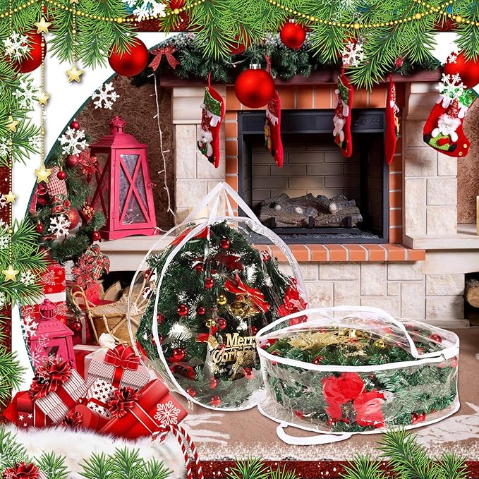 Shappy 1 Pcs 36 Inch Christmas Wreath Storage Container Clear Wreath Storage Bags PVC Waterproof Garland Bags with Clear Window Dual Zippers and Handles for Xmas Holiday Artificial Garland (White)