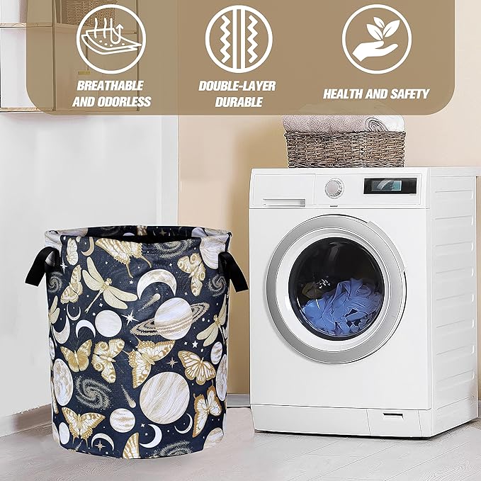 Moon Butterfly Laundry Basket Moth Dragonfly Insect Foldable Oxford Cloth Tote Bag Laundry Hamper Clothes Storage Bucket Organizer For Bathroom/Laundry Storage/Bedroom 17.7x13.7Inch