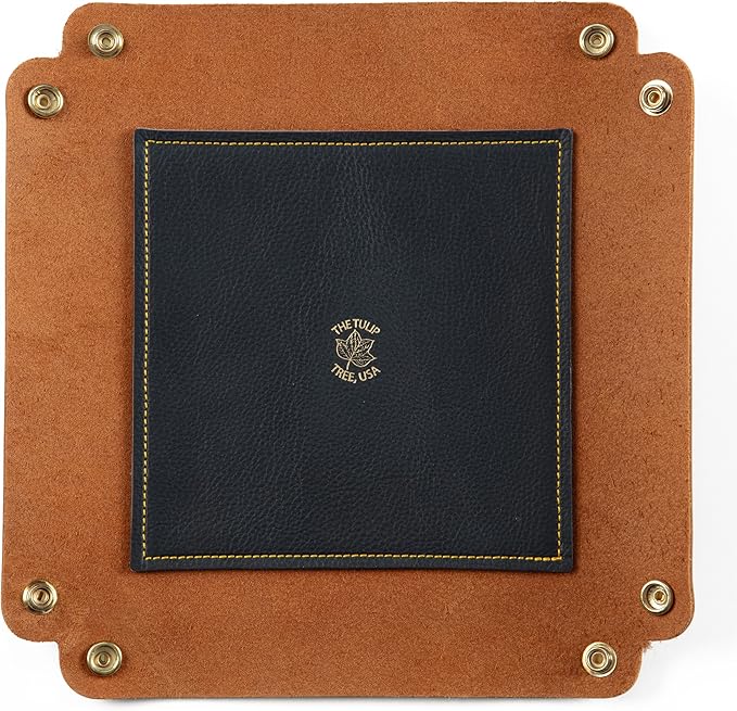 USA Handmade Premium Leather Valet Tray, Folds Flat! Dice Rolling Basket and Organizer with Brass Snaps (Chestnut and Blue Gold, Large)