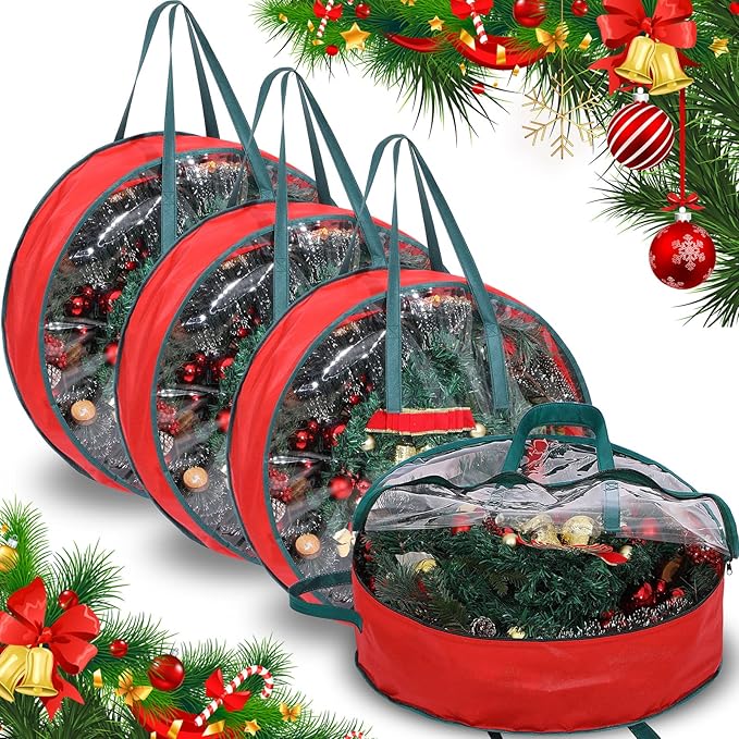Shappy 4 Pcs Christmas Wreath Storage Bag Wreath Storage Container with Clear Window Plaid Box with Handles for Storing Garland Holiday Wrapping(Red,30 x 7 Inch)