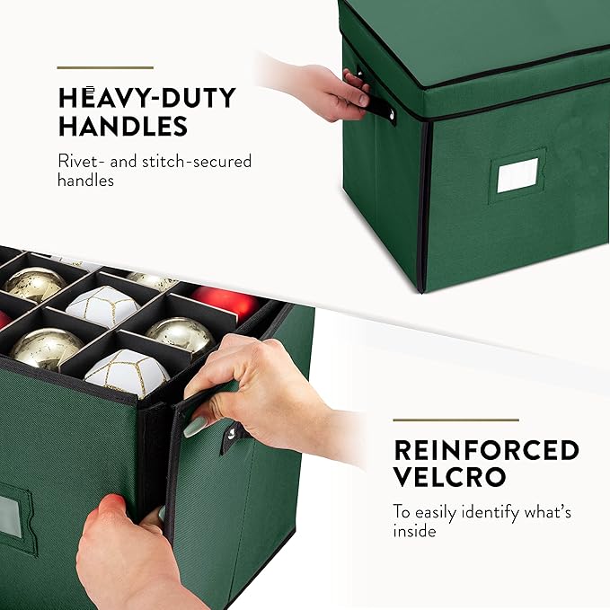 ZOBER Christmas Ornament Storage Box - Stores 128 3" Ornaments with Drawer Style Trays - Tear Proof 600D Oxford Fabric - Ornament Organizer Storage Box, Durable Christmas Containers Holder - Green