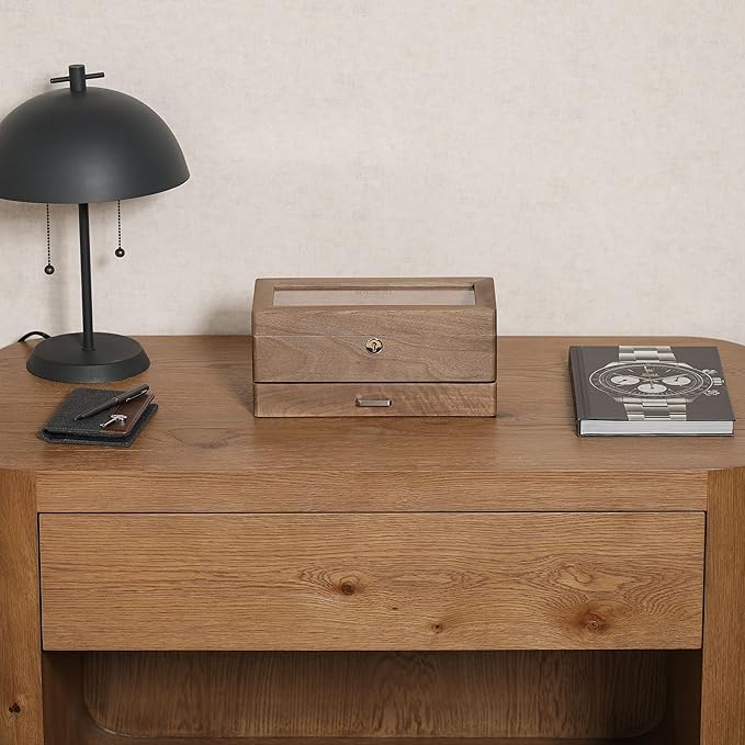 ROTHWELL 4-Slot Solid Walnut Watch Box with Valet Drawer - Premium Jewelry Display Case Organizer with Locking Glass Top and Microsuede Liner for Men & Women (Tan Interior)