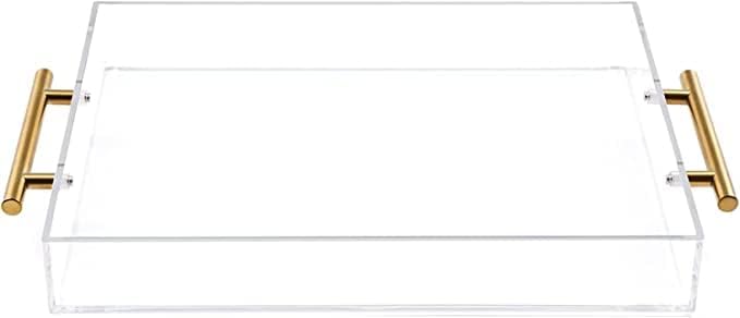 11"x14" Clear Acrylic Serving Tray with Golden Handles, Sturdy Huge Capacity Acrylic Tray for Coffee, Juice, Kitchen and Desk Organizer (11"x14")