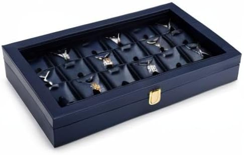 Oirlv Premium Blue Leather Jewelry Tray with 24 Grid Removable Jewelry Cards Jewelry Organizer Box with Transparent Acrylic Lid Necklace Pendant Display Case