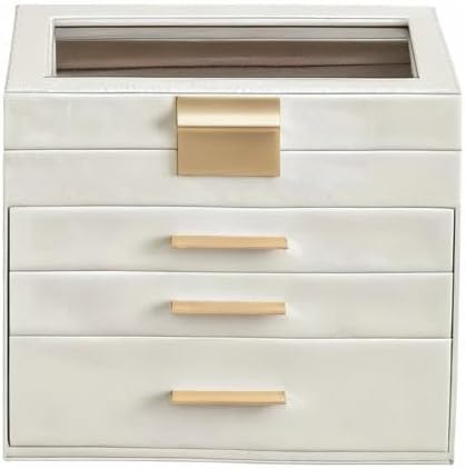SONGMICS Jewelry Box Organizer with Glass Lid, 4-Layer Jewelry Storage, with 3 Drawers, Modern Style, 6 x 9.9 x 8.5 Inches, Cloud White and Gold Color UJBC161W01