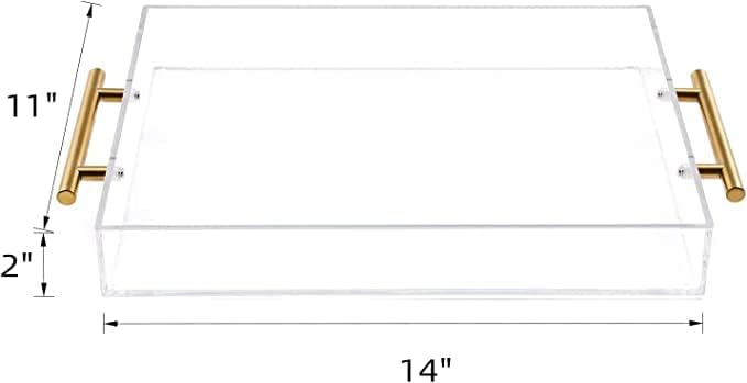 11"x14" Clear Acrylic Serving Tray with Golden Handles, Sturdy Huge Capacity Acrylic Tray for Coffee, Juice, Kitchen and Desk Organizer (11"x14")