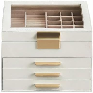 SONGMICS Jewelry Box Organizer with Glass Lid, 4-Layer Jewelry Storage, with 3 Drawers, Modern Style, 8 x 9.1 x 6.5 Inches, Cloud White and Gold Color UJBC173W01