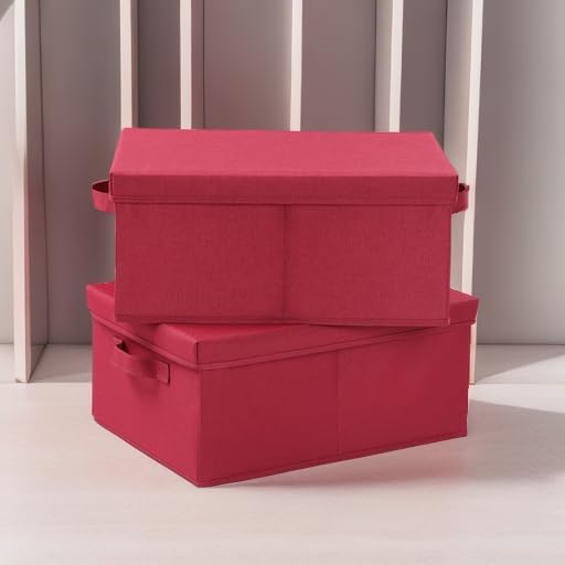 HOONEX Storage Bins with Lids for Organizing, Pack of 2, Storage Boxes with 2 Carrying Handles and Sturdy Heavy Cardboard, 16.5" L x 11.8" W x 7.5" H for Shoes, Books, Clothes, Red