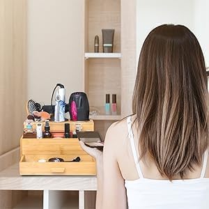 Hair Tool Storage Organizer, Bamboo Hair tool organizer for Bathroom, Kitchen and Makeup,Hair organizer storage Perfect for Storing Blow Dryer, Straightener and Brush