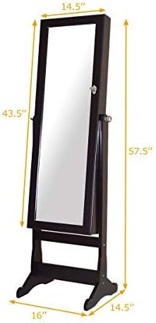 GOFLAME Jewelry Cabinet Mirror with LED Lights Two Drawers Lockable Standing Jewelry Armoire Organizer Large Capacity Jewelry Holder Organizer Storage (Brown)