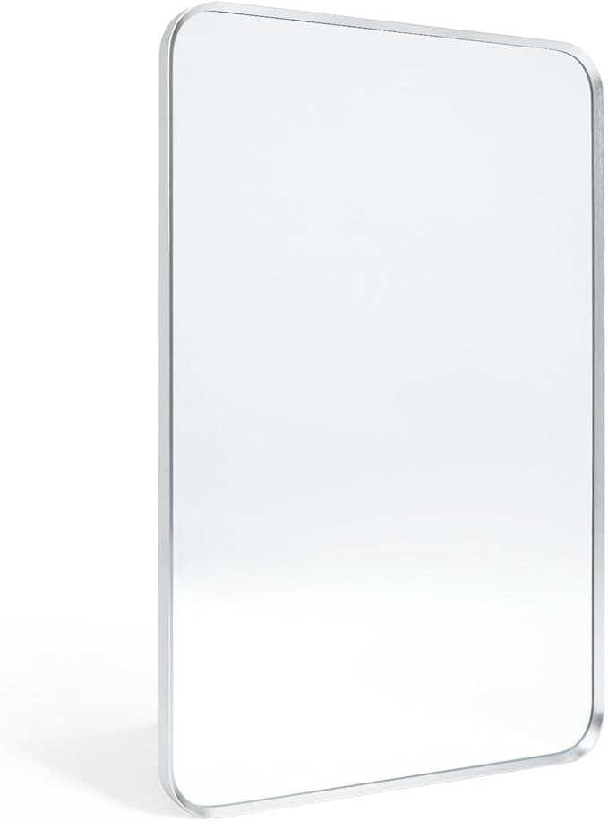 Brushed Nickel Bathroom Wall Mirror, Silver Metal Framed Large Rounded Corner Rectangle Mirror, Tempered Glass, Shatter Proof, Hangs Horizontally or Vertically (40" x 30", Silver)
