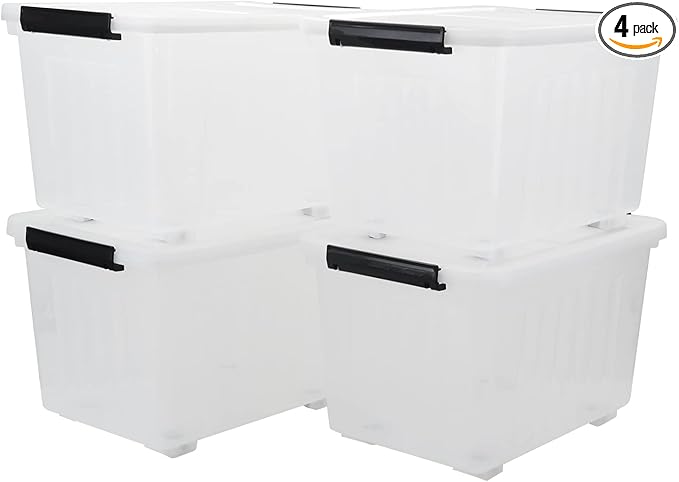 4-Pack Plastic Storage Box, 50 L Clear Large Storage Bin with Wheels