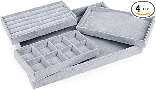 Oirlv Velvet Drawer Jewelry Organizer Tray 4 in 1 Stackable Necklace Ring Jewelry Organizer Trays (Multifunction,14x9.5inch)