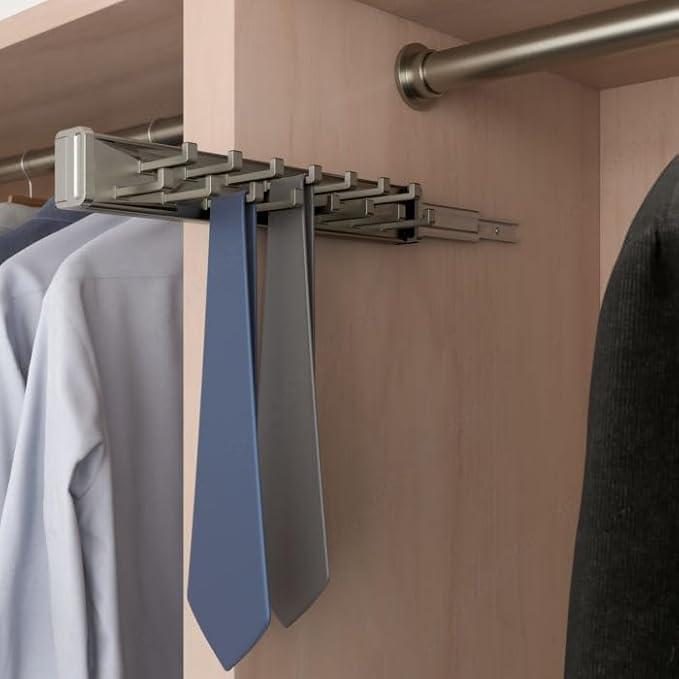 15-Hook Designer Wardrobe Reversible Closet Tie Rack with 11.22 Inch Retractable Pullout Extension (Matte Nickel)