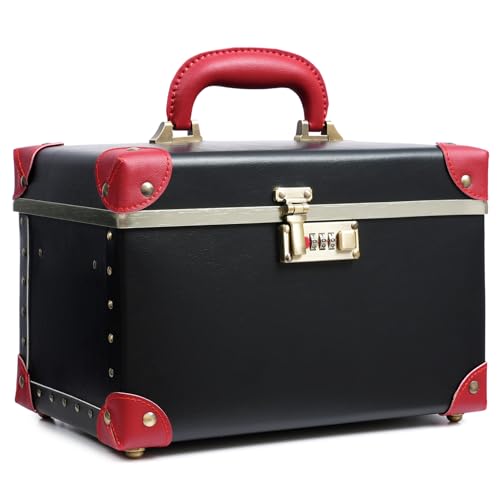 urecity Vintage Makeup Train Case, Black Artificial Leather with Red Trim, Professional Cosmetic Organizer with Metal Combination Lock, Multi-Layer Storage Box