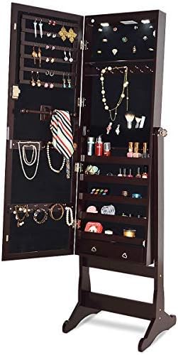 GOFLAME Jewelry Cabinet Mirror with LED Lights Two Drawers Lockable Standing Jewelry Armoire Organizer Large Capacity Jewelry Holder Organizer Storage (Brown)