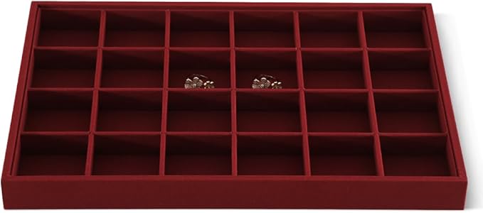 Linen 24 Grid Stackable Rings Earrings Display Tray, Brooch Ear Stud Cufflinks StorageTray, Jeweler Shop Counter Showcase Table Top Organizers, Makeup Table Drawer Insert Jewelry Tray