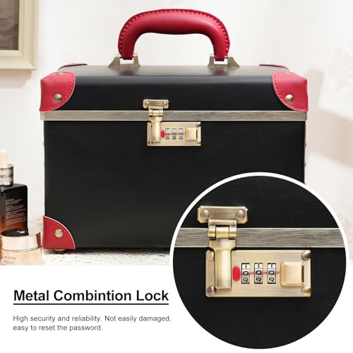 urecity Vintage Makeup Train Case, Black Artificial Leather with Red Trim, Professional Cosmetic Organizer with Metal Combination Lock, Multi-Layer Storage Box