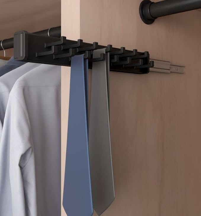 15-Hook Designer Wardrobe Reversible Closet Tie Rack with 11.22 Inch Retractable Pullout Extension (Matte Black)
