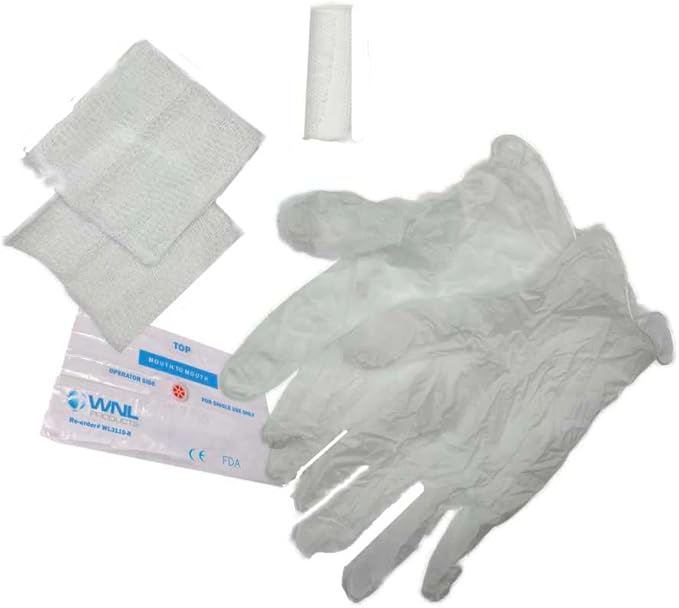 WNL Products 1402SF 100 Pack First Aid & CPR Training Kits for Students, Includes CPR Training Face Shield, Guaze Pads, Latex-Free Gloves & Bandages, 100 Pack