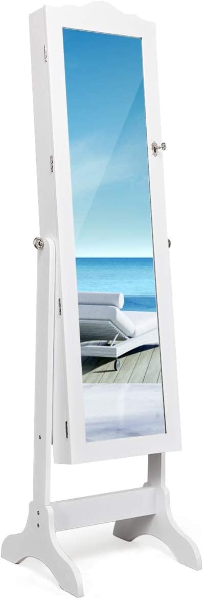 Giantex Jewelry Cabinet Armoire Lockable with Mirror, Standing Full Length Mirror with Jewelry Cabinet, 3 Adjustable Angles, Jewelry Organizer Storage Box Birthday Christmas Gifts (White)