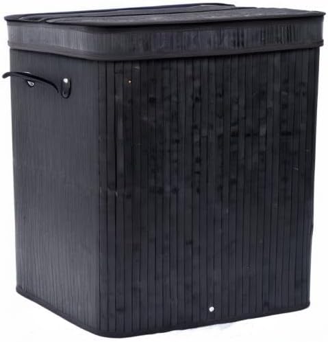 BIRDROCK HOME Double Laundry Hamper with Lid and Cloth Liner - Bamboo - Black - Easily Transport Laundry Basket - 2 Section Collapsible Hamper - String Handles