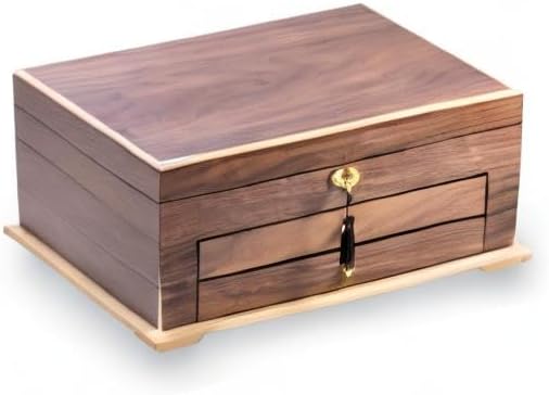 Bey-Berk Lacquered Walnut 3-Level Jewelry Box with Mirror, 2 Drawers and Locking Lid, Gold Accents, Ring Slots and Watch Pillows, 15.75" x 11" x 7"
