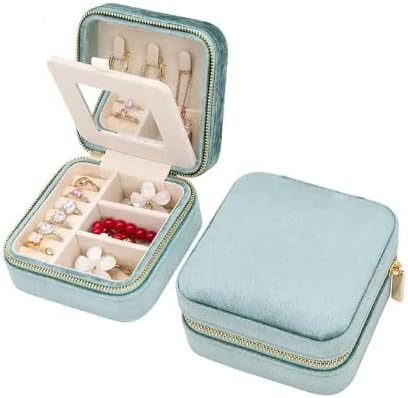 Customizable Compact Velvet Jewelry Box with Mirror, Travel Jewelry Case, Travel Jewelry Organizer, Jewelry Box for Women and Girls, Small Jewelry Organizer (Flower Design, Mint Green)