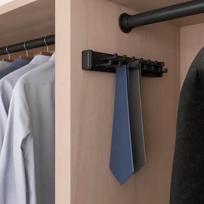 15-Hook Designer Wardrobe Reversible Closet Tie Rack with 11.22 Inch Retractable Pullout Extension (Matte Black)