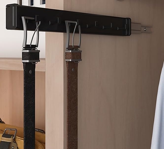 6-Hook Designer Wardrobe Reversible 13.75" Length Closet Belt Rack with 12" Retractable Pullout Extension and Installation Hardware (Matte Black)