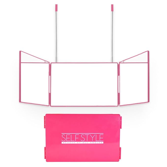 Self-Cut System 3 Way Mirror for Braiding Hair, Styling & Hair Coloring - Tri-Fold Three Way Mirror with Telescoping Hooks - Compact & Travel Size - Over-the-Door Mount for DIY Haircuts, Makeup - Pink