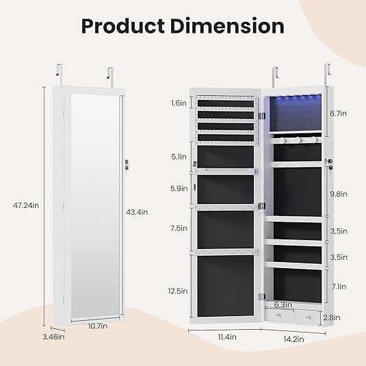 Large Capacity Wall-Mount Jewelry Armoire with LED Lights & Lock - 47.2" Tall Mirror Organizer Cabinet, 6 LEDs, Door-Hanging Design (White)