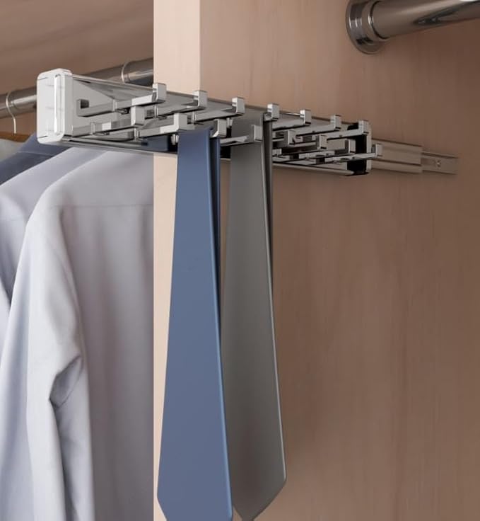 15-Hook Designer Wardrobe Reversible Closet Tie Rack with 11.22 Inch Retractable Pullout Extension (Polished Chrome)