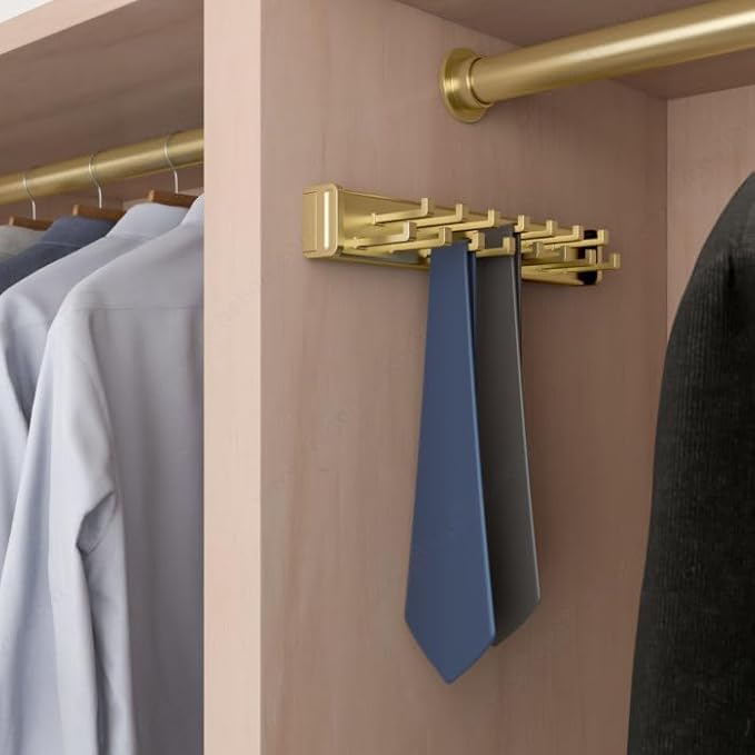 15-Hook Designer Wardrobe Reversible Closet Tie Rack with 11.22 Inch Retractable Pullout Extension (Matte Brass)
