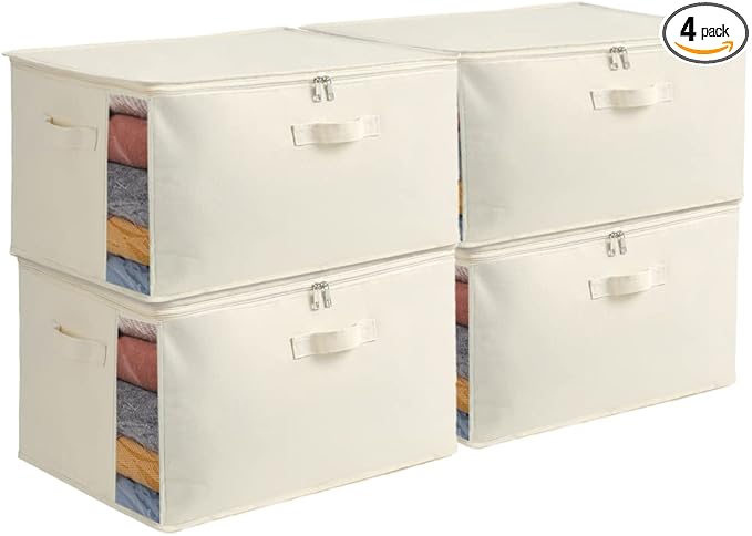 4 Pack Large Canvas Comforter Storage Bags Closet Organizer for Clothes Sweater Clothes Organizer with Dual Zipper Three Carrying Handles for Blanket Closet Storage Container
