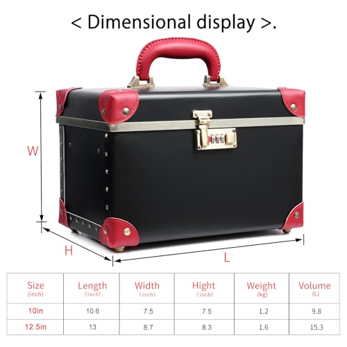 urecity Vintage Makeup Train Case, Black Artificial Leather with Red Trim, Professional Cosmetic Organizer with Metal Combination Lock, Multi-Layer Storage Box