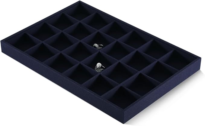 Linen 24 Grid Stackable Rings Earrings Display Tray, Brooch Ear Stud Cufflinks StorageTray, Jeweler Shop Counter Showcase Table Top Organizers, Makeup Table Drawer Insert Jewelry Tray
