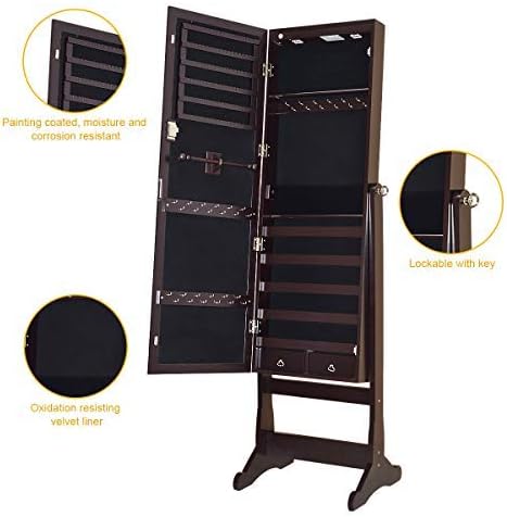 GOFLAME Jewelry Cabinet Mirror with LED Lights Two Drawers Lockable Standing Jewelry Armoire Organizer Large Capacity Jewelry Holder Organizer Storage (Brown)